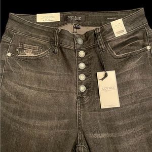 Judy Blue skinny jeans button fly chewed raw hem charcoal gray ripped womens 29